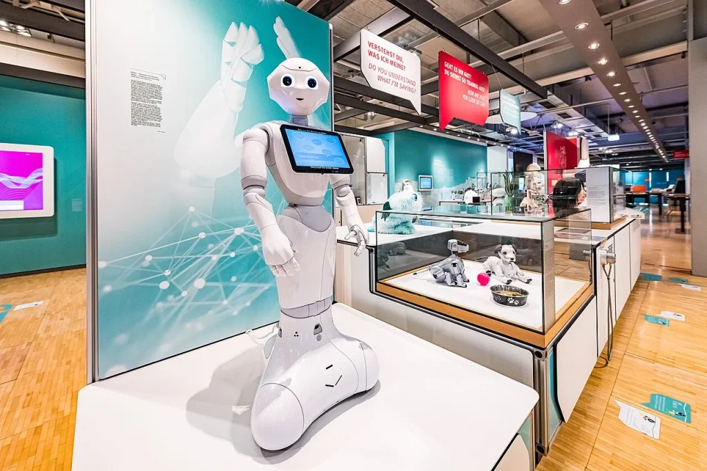A humanoid robot at an artificial intelligence and robotics exhibition