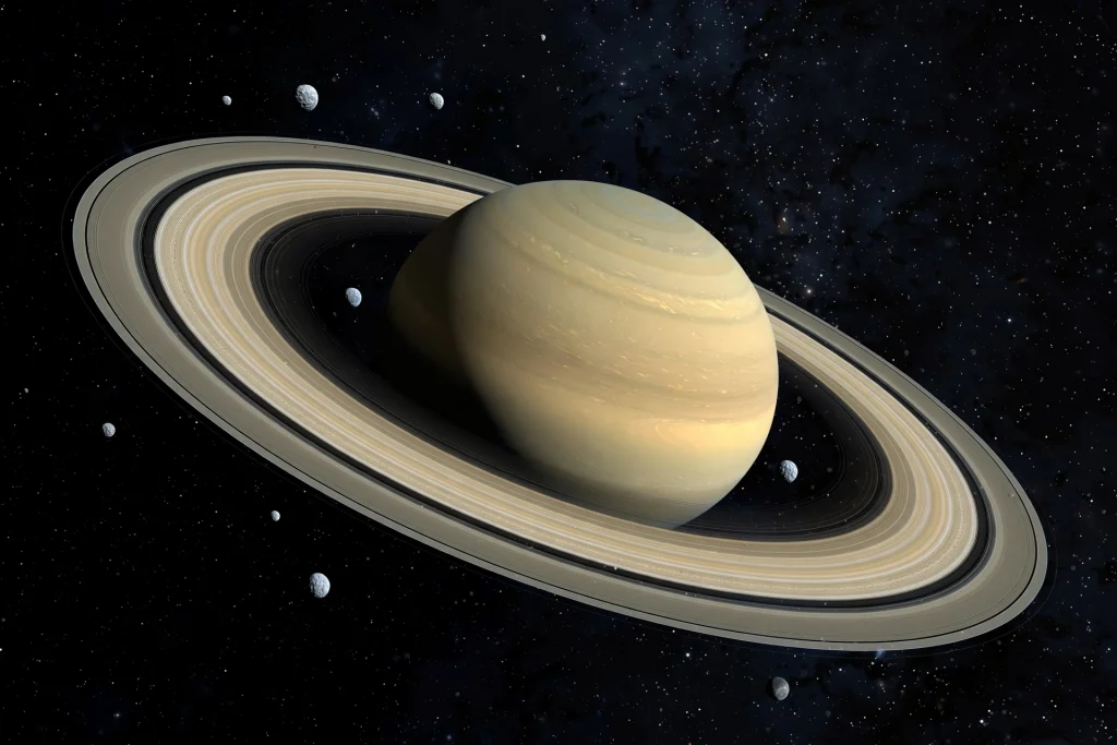 Saturn with its rings surrounded by many small moons in deep space