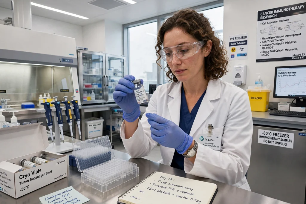 Researcher holding a vaccine vial in a modern medical laboratory