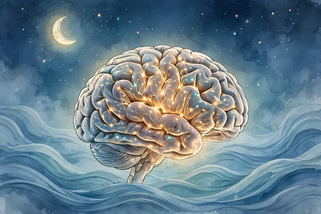 Illustration of a glowing brain among waves, moon and stars, representing the science of sleep