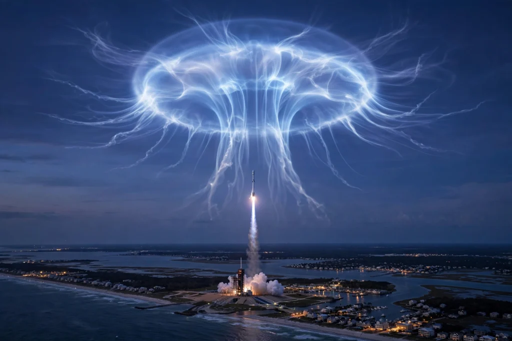 SpaceX rocket launch creating a glowing jellyfish-shaped cloud at twilight over the US East Coast
